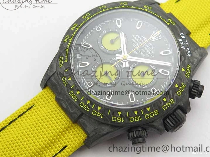 0102 Supportive Daytona DIW Carbon Case and Bezel Black Yellow Dial on Yellow Nylon Strap A 3220